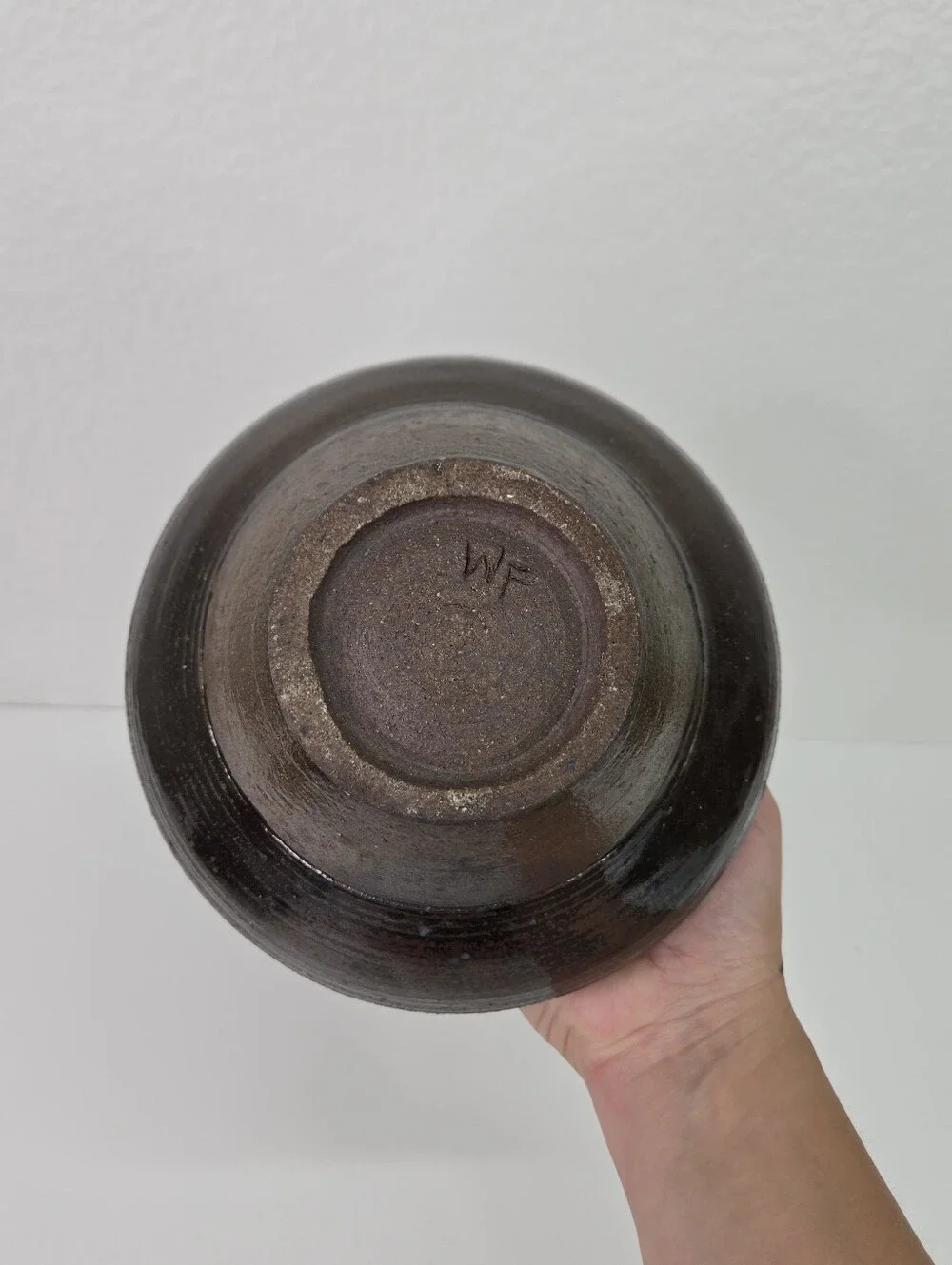 VTG‎ California Studio Art Pottery Vase Signed WF Brown Stoneware Squat Vessel